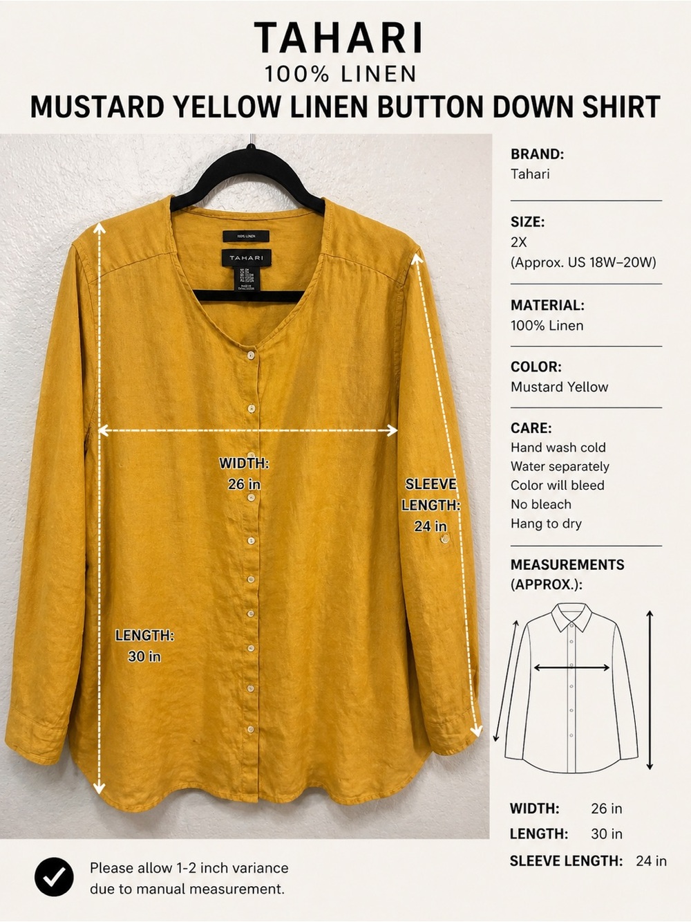 Tahari Mustard Yellow Linen Button-Down Shirt